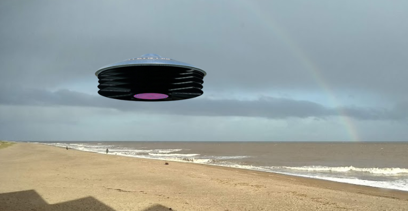 Graphic of a pile of records as a spaceship, hovering over an empty beach, with a rainbow.
