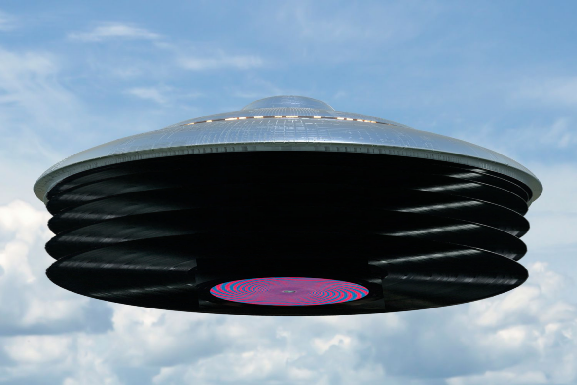 A graphic of a pile of records as a spaceship against a blue sky.