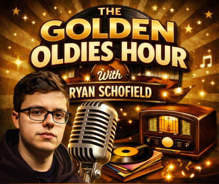 Logo for the show. Text: The Golden Oldies Hour with Ryan Schofield.